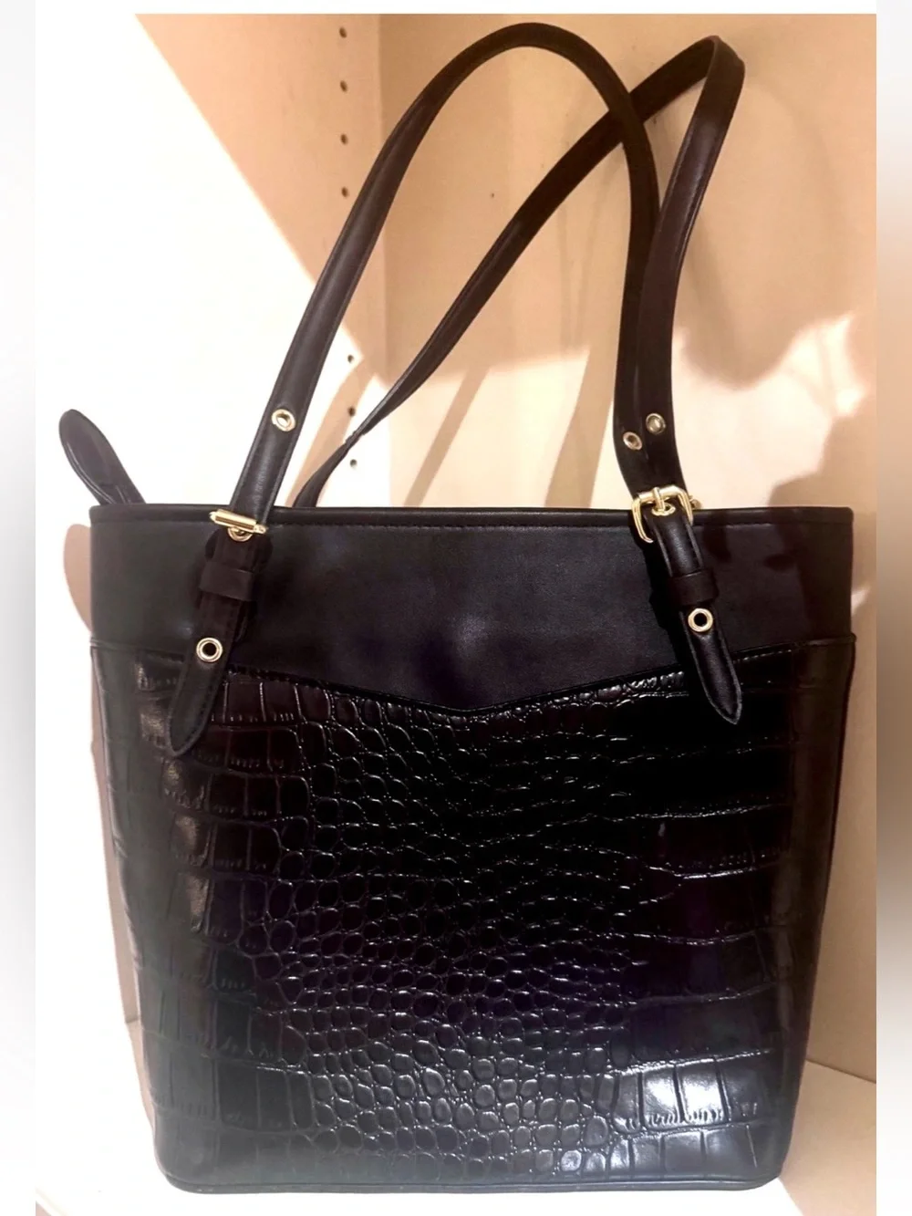🖤ANNE KLEIN🖤 CROC EMBOSSED FRONT POCKET SLEEVE ADJUSTABLE STRAPS BUCKET TOTE BAG